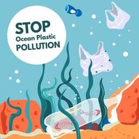 contaminación oceánica, residuos plásticos en el fondo del agua vector