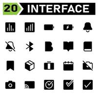 User interface icon set include chart, bar, analytic, report, user interface, battery, charge, device, energy, charging, bell, alert, notification, alarm, off, blue tooth, connection, wireless, bold vector