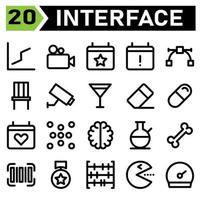 User interface icon set include chart, line, up, diagram, line graph, user interface, camera, movie, film, video, calendar, stars, event, reminder, user interface calendar, info, vector, curve, design vector