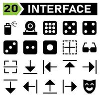 User interface icon set include spray, can, aerosol, bottle, user interface, web cam, camera, cam, record, dice, game, casino, gamble, leisure, border, inner, layout, excel, glasses, read, view vector