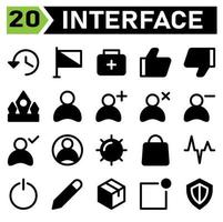 User interface icon set include history, browsing, arrows, time, user interface, flag, success, finish, pointer, aid, first, emergency, medicine, like, thumbs, up, review, dislike, down, crown, king vector