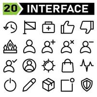 User interface icon set include history, browsing, arrows, time, user interface, flag, success, finish, pointer, aid, first, emergency, medicine, like, thumbs, up, review, dislike, down, crown, king vector