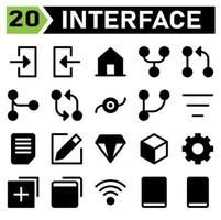 El conjunto de iconos de la interfaz de usuario incluye inicio de sesión, entrada, cuenta, acceso, entrada, interfaz de usuario, salida, casa, hogar, edificio, menú, bifurcación, git, solicitud, extracción, fusión, comparación, compromiso, sucursal, filtro, centro vector