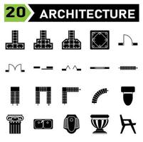 Architecture symbol icon set include pad, footing, structure, stepped, sloped, column, concrete, single, door, double, sliding, window, ventilation, stair, walk, step, u stair, l stair, curved, toilet vector