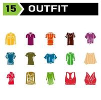 Outfit icon set include fashion, clothing, clothes, apparel, shirt, wear, shoes, man, footwear, male, shoe, sport bra, bra, outfit, female, summer, style, accessory, design, bag, cartoon vector