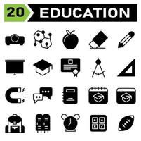 el conjunto de iconos de educación incluye proyector, proyección, presentación, educación, fórmula, estudio, ciencia, escuela, manzana, fruta, frutas, borrado, borrado, eliminación, lápiz, escritura, edición, dibujo, pantalla, tablero vector