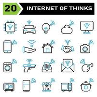 Internet of things icon set include chip, internet of things, processor, chip set, car, smart car, lamp, cloud, computing, computer, desktop, phone, mobile, hand, connecting, home, house, contract vector