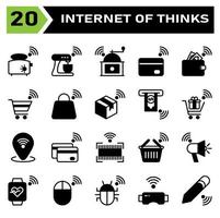 Internet of things icon set include toaster, bread, internet of things, mixer, grinder, coffee, credit card, payment, wallet, money, trolley, cart, bag, box, package, buy, gift, pin, location,bar code vector