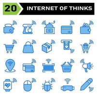 Internet of things icon set include toaster, bread, internet of things, mixer, grinder, coffee, credit card, payment, wallet, money, trolley, cart, bag, box, package, buy, gift, pin, location,bar code vector