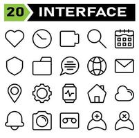 User interface icon set include love, heart, favorite, like, user interface, clock, time, hour, stopwatch, movie, film, video, play, multimedia, find, search, zoom, calendar, date, schedule, shield vector