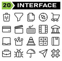 User interface icon set include bin, trash, basket, delete, remove, funnel, sort, filter, user interface, file, duplicate, paste, paper, copy, compass, direction, navigate, navigation, trolley, buy vector