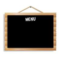 Menu Board. Cafe Or Restaurant Menu Bulletin Black Board. Isolated On White Background. Realistic Black Signboard Chalkboard With Wooden Frame Hanging. Vector Illustration