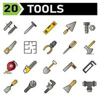 Tools construction icon set include screw, self tapping, bolt, self fastening, construction, nail, tools, carpenter, building, water pass, level, shovel, trowel, cement, equipment, work,bold,tool,saw vector