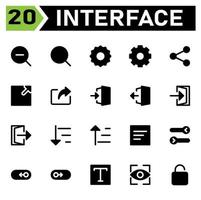 User interface icon set include search, zoom out, magnifier, user interface, gear, setting, share, link, arrows, sign, in, door, out, sort, ascending, down, descending, list, switch, double,right,left vector