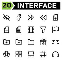 el conjunto de iconos de la interfaz de usuario incluye libro de cara, redes sociales, interfaz de usuario, rápido, adelante, flechas, rebobinado, archivo, más, agregar, archivos, menos, eliminar, texto, documento, película, video, filtro, embudo, ordenar vector