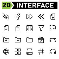 User interface icon set include face book, social media, user interface, fast, forward, arrows, rewind, file, plus, add, files, minus, remove, text, document, film, movie, video, filter, funnel, sort vector