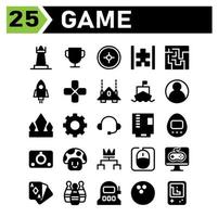 Play Game icon set include chess, game, strategy, piece, player, trophy, champion, award, cup, target, sniper, aim, shoot, car, classic, arcade, phone, maze, play, brain, rocket, spaceship, switch vector