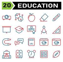 Education icon set include projector, projection, presentation, education, formula, study, science, school, apple, fruit, fruits, erase, eraser, remove, pencil, write, edit, draw, screen, board vector