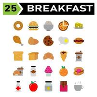 El juego de desayuno incluye donas, comida, basura, dulce, desayuno, hamburguesa, puesto, arroz, tazón, pizza, italiano, brunch, queso, plato, acompañamiento, pollo, carne, pierna, huevo, tortilla, galleta, chocolate vector