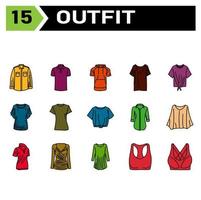 Outfit icon set include fashion, clothing, clothes, apparel, shirt, wear, shoes, man, footwear, male, shoe, sport bra, bra, outfit, female, summer, style, accessory, design, bag, cartoon vector