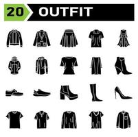 Outfit icon set include fashion, clothing, clothes, apparel, shirt, wear, shoes, man, footwear, male, shoe, sport bra, bra, outfit, female, summer, style, accessory, design, bag, cartoon vector