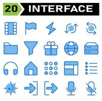 User interface icon set include film, movie, roll film, video, cinema, flag, symbol, national, country, sign, flash, lightning, thunder, light, flip, shuffle, repeat, arrow, arrows, folder, paper vector