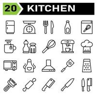 Kitchen equipment icon set include refrigerator, fringe, kitchen, equipment, scales, scale, weight, fork, knife, cutlery, bottle, sauce, tomato, ketchup, recipe, book, cook, cookbook, cooking, coffee vector