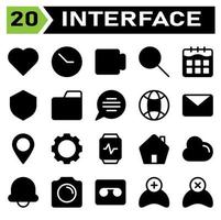 User interface icon set include love, heart, favorite, like, user interface, clock, time, hour, stopwatch, movie, film, video, play, multimedia, find, search, zoom, calendar, date, schedule, shield vector