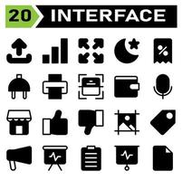 User interface icon set include upload, sign, element, user interface, application, signal, barr, full screen, user interaction, arrows, night, mode, moon, star, app, discount, voucher, e commerce vector