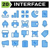 User interface icon set include upload, sign, element, user interface, application, signal, barr, full screen, user interaction, arrows, night, mode, moon, star, app, discount, voucher, e commerce vector