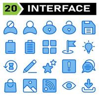 User interface icon set include block, user, avatar, user interface, padlock, lock, protection, unlock, save, drive, floppy disk, empty, low, battery, full, menu, app, flag, flags, pin vector