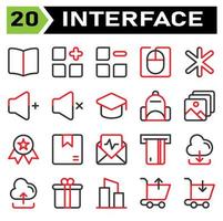 el conjunto de iconos de la interfaz de usuario incluye libro, guía, manual, lectura, instrucción, menú, agregar, nuevo, aplicaciones, categoría, eliminar, eliminar, mouse, computadora, cursor, interfaz de usuario, asterisco, múltiple, estrella, favorito vector