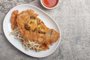 Fried mussels in crispy batter in a white plate photo