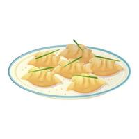 Chinese dumplings Jiaozi. Asian food illustration isolated on white in cartoon style. vector