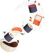 sushi chaotic flying around soy sauce bowl, Nigiri, maki, rolls, sushi, guncan, soy sauce vector