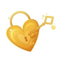 Gold heart shaped lock and golden key. Valentine day, romantic feelings, wedding symbol concept. Stock vector illustration isolated on white background.