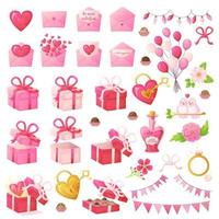 Pink Valentine day objects set. Romantic decoration symbols in realistic cartoon style. vector