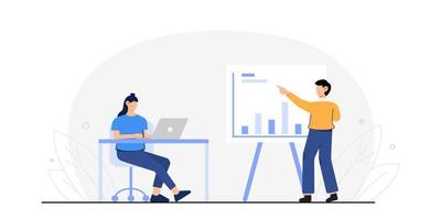 work flat design. flat design data analysis concept. A people working together with a statistic graph on a whiteboard. vector illustration.