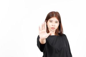 STOP Rejection Hand Gesture Of Beautiful Asian Woman Isolated On White Background photo