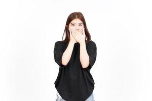 Covering Mouth with Shock Face Expression of Beautiful Asian Woman Isolated On White Background photo