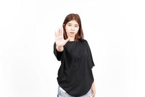 STOP Rejection Hand Gesture Of Beautiful Asian Woman Isolated On White Background photo