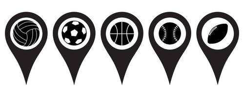 Pin location icons. A set of cartographic signs with the image of sports balls. Attach icons on a flat map to mark the location of a sports club, stadium, or competition. Vector illustration.