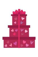 A set of gift boxes. A stack of Valentine's Day gifts. A stack of gift boxes with ribbon and bow. vector