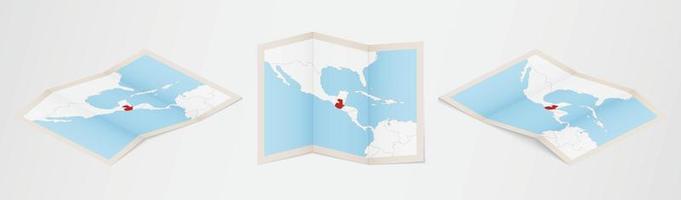 Folded map of Guatemala in three different versions. vector