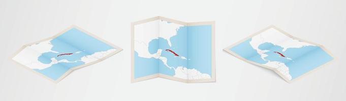 Folded map of Cuba in three different versions. vector