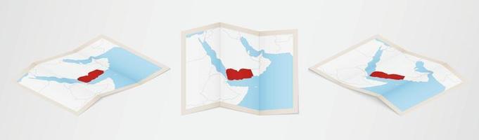 mapa plegado de yemen en tres versiones diferentes. vector