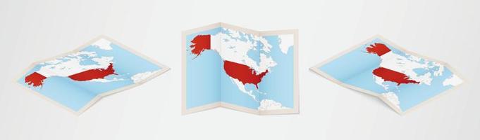 Folded map of USA in three different versions. vector