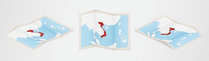 Folded map of Vietnam in three different versions. vector