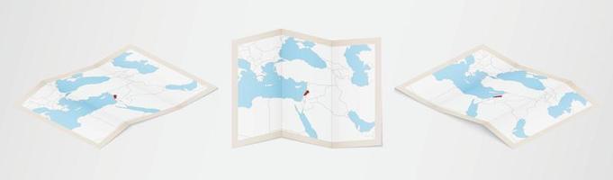 Folded map of Lebanon in three different versions. vector