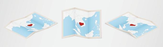 mapa plegado de camboya en tres versiones diferentes. vector